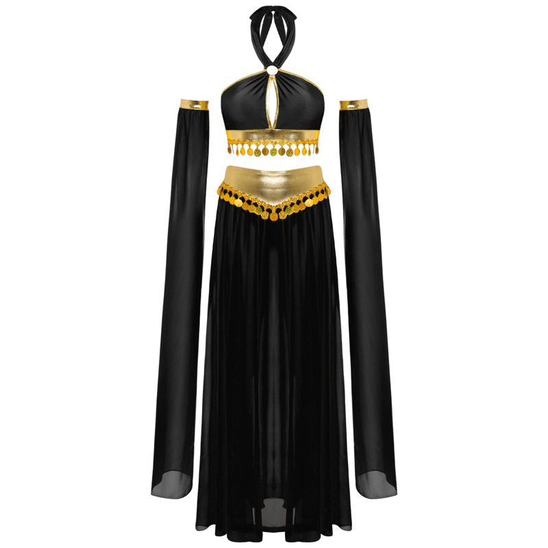 Women Belly Dance Costume Set Black L - Chiffon Skirt & Crop Top for Stage Performance