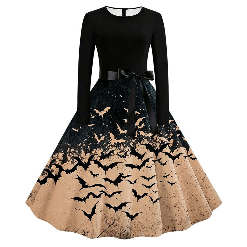 Women's Vintage Halloween Bat Print Swing Dress - Khaki XL Retro Gothic Midi