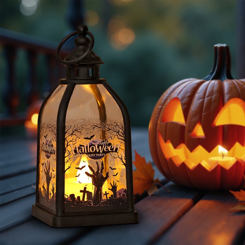 Halloween Candle Lantern with LED Lights Indoor Outdoor Hanging Spooky Decor D