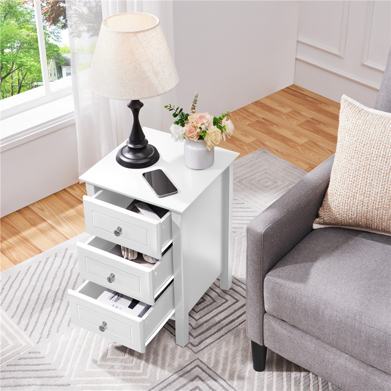 3-Drawer End Table with Solid Wood Legs for Living Room