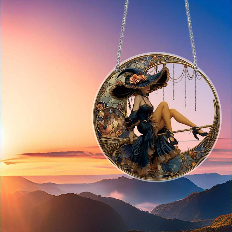 Halloween Witch Acrylic Suncatcher Window Hanging with Crystal Pendant - Decor_O