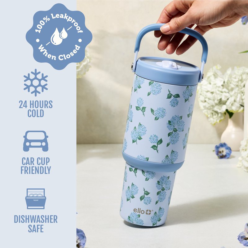 30oz Stainless Steel Tumbler with Top Handle & Straw - Hydrangea Blooms