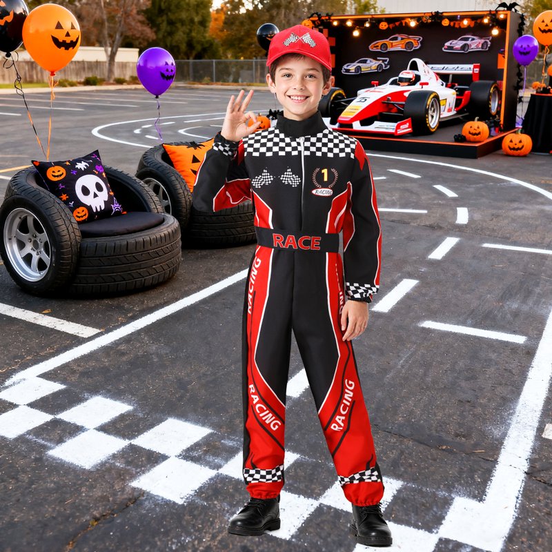 Kids Racer Costume Boys Race Car Jumpsuit with Car Cap - Size M/7-9 Years