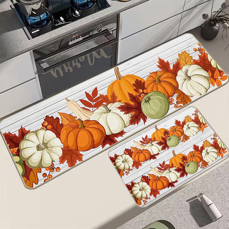Decorative Kitchen Floor Mats Set of Two – Fall Theme Pumpkin Turkey Pattern, Non-Slip D, 16x24in & 16x48in