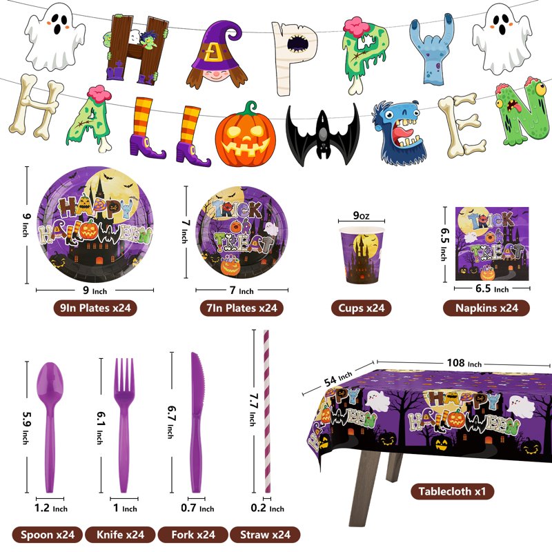 Halloween Party Supplies 24-Piece Disposable Set with Plates Cups Banner & Tablecloth