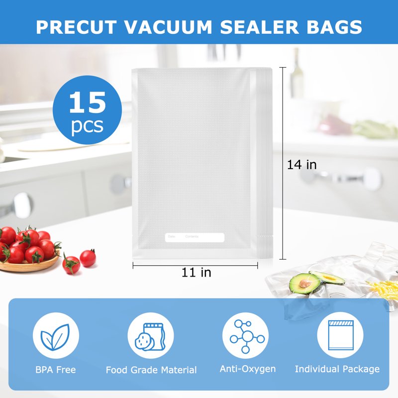 Vacuum Sealer Bags - Gallon Size, 11x14 in, 15 Count, BPA-Free - 2 Pack