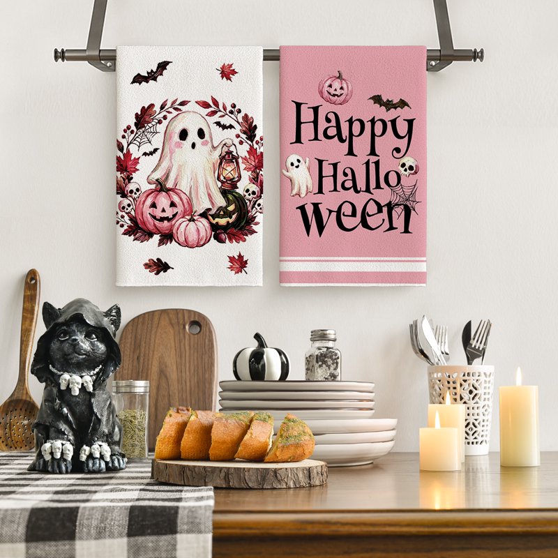 Halloween Dish Towels Set of 4 - Pink Happy Ghost & Maple Leaves 18x26 C