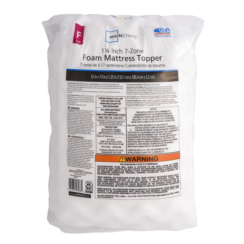 Full Size 1.25 Inch 7-Zone Foam Mattress Topper - White, Plush Comfort