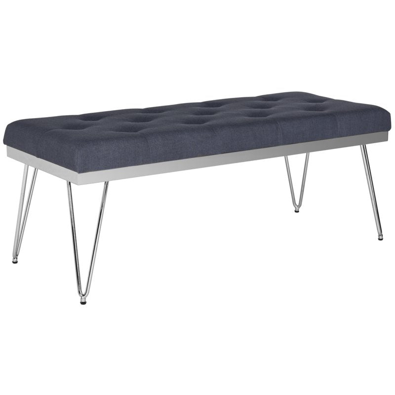 Mid-Century Tufted Bench - Navy/Chrome