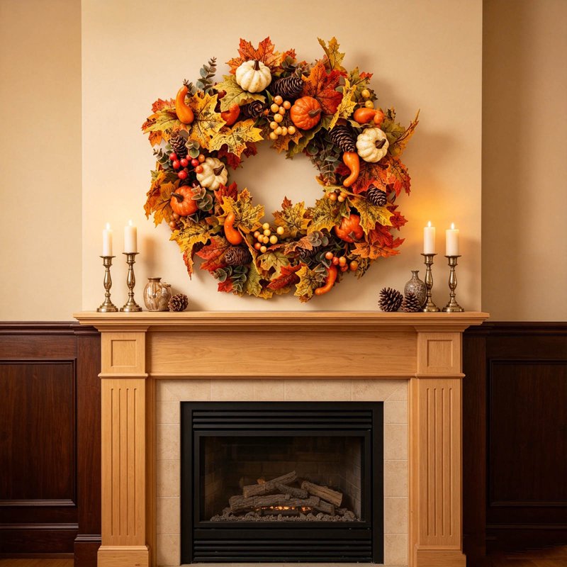 Fall Wreath for Front Door - Large Maple Leaf & Hydrangea Halloween Thanksgiving Decoration F-9