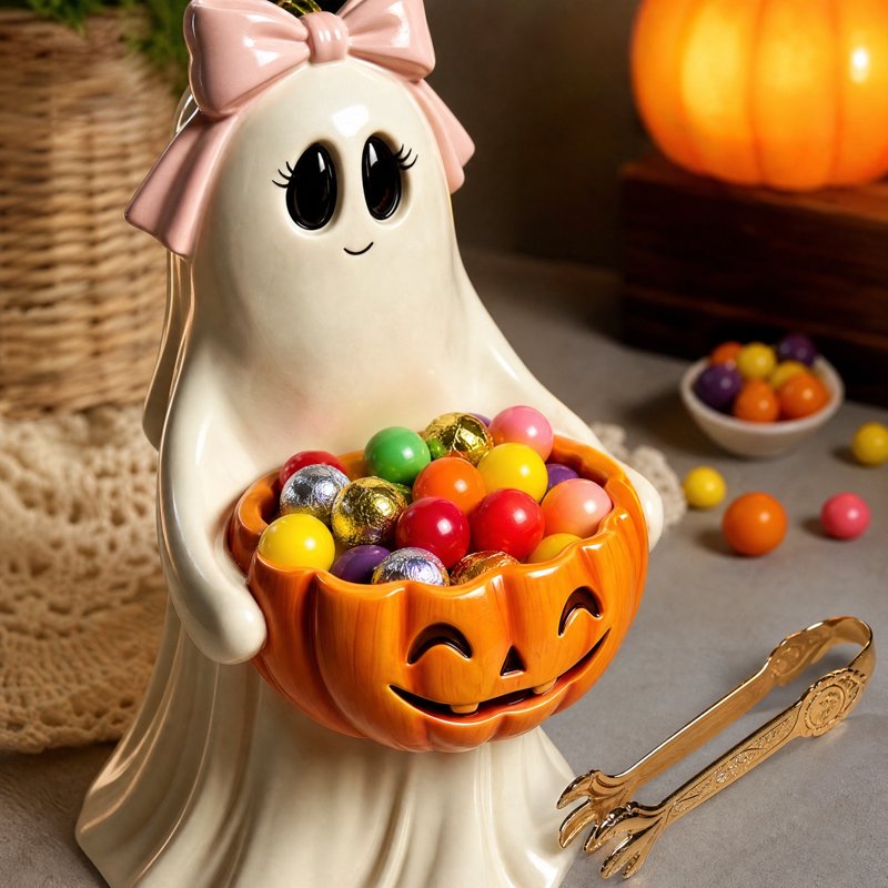 Cute Ghost Pumpkin Candy Bowl - Halloween Figurine & Treat Jar #022