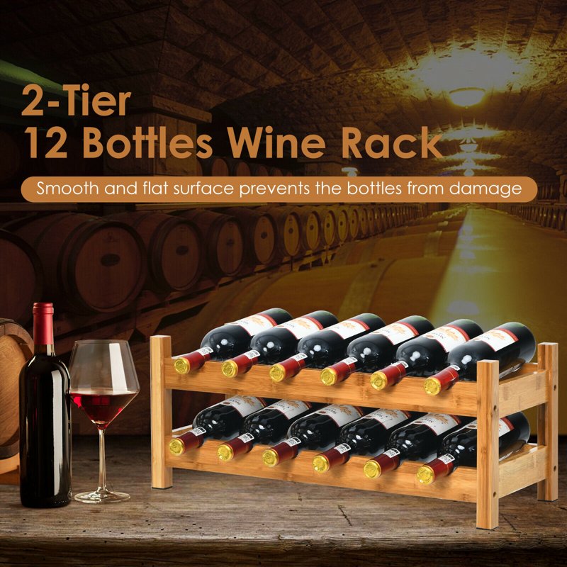 2-Tier Bamboo Wine Rack for 12 Bottles - Natural Wood Storage