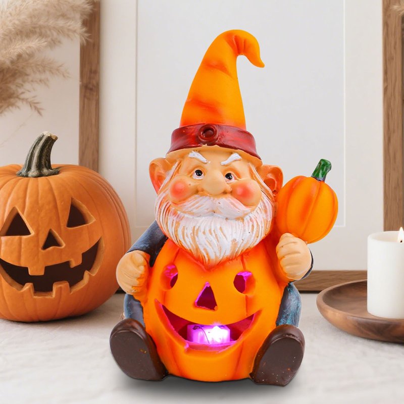 Luminous Pumpkin Gnome Ornament - Resin Halloween Garden Statue #354C