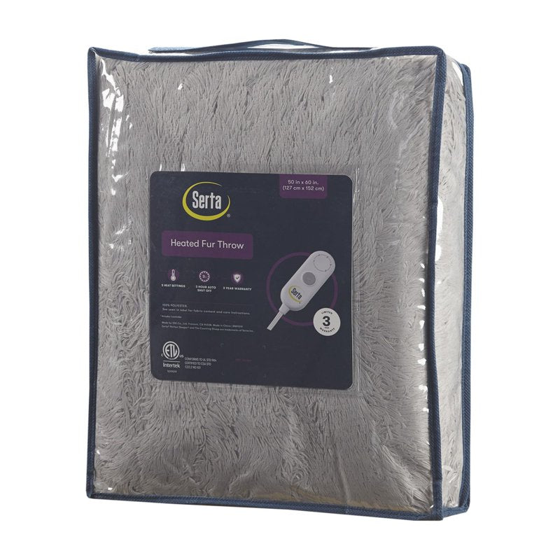 Grey Serta Leena Shaggy Faux Fur Heated Throw Blanket 50x60 Inch