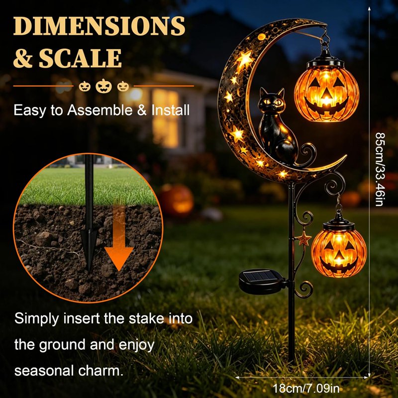Solar Black Cat & Pumpkin Moon Garden Stake Light - Waterproof Halloween Yard Decor - Variation C