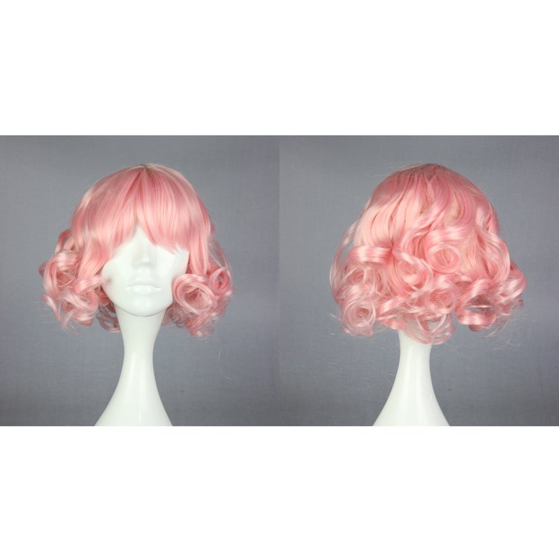 12" Pink Curly Human Hair Wig for Women with Adjustable Cap