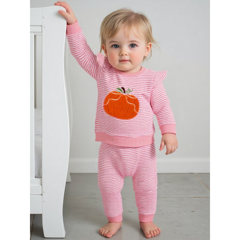Toddler Girls Halloween Outfit Set - Embroidery Pumpkin Sweatshirt & Striped Pants, 18-24 Months - Style 31