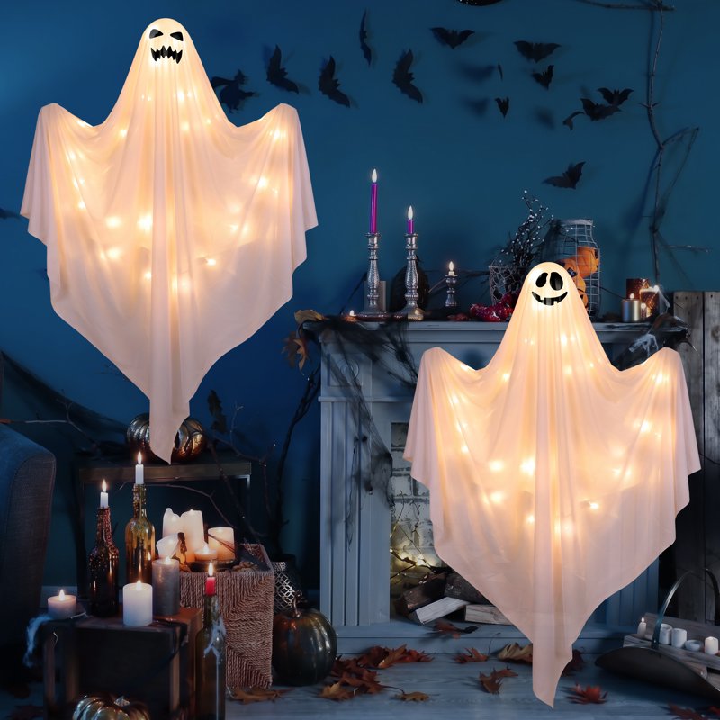 Halloween Ghost Decor Light Set - White, 48-Inch Hanging Ghosts with LED Lights, Outdoor Yard & Garden Decoration
