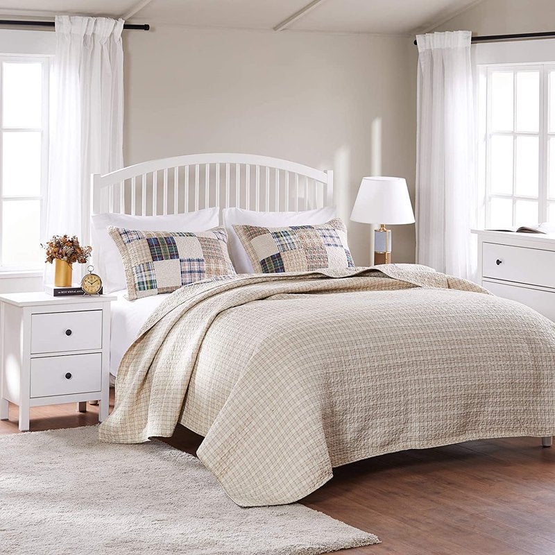 Twin XL Reversible Cotton Quilt Set - Taupe, Oxford Plaid Pattern
