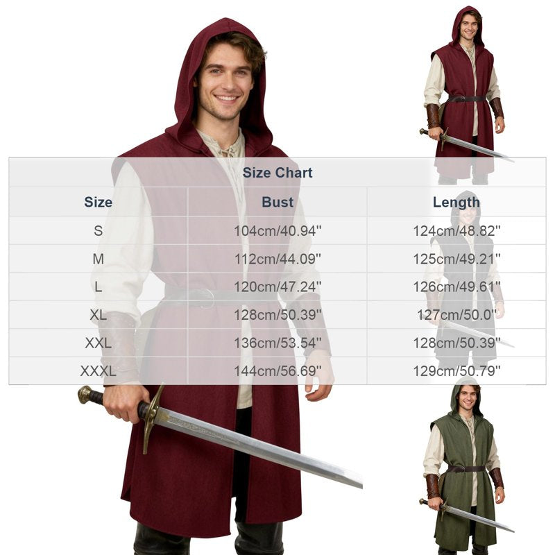 Men's Medieval Viking Cosplay Costume Set Hooded Robe & Belt - XL, Wine