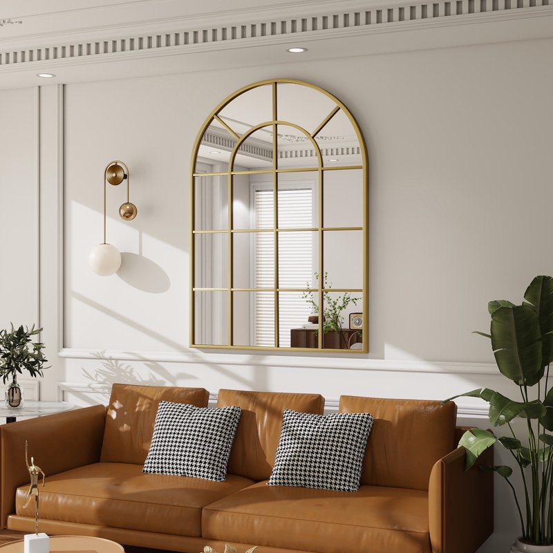 24x36 Arched Windowpane Bathroom Wall Mirror - Gold