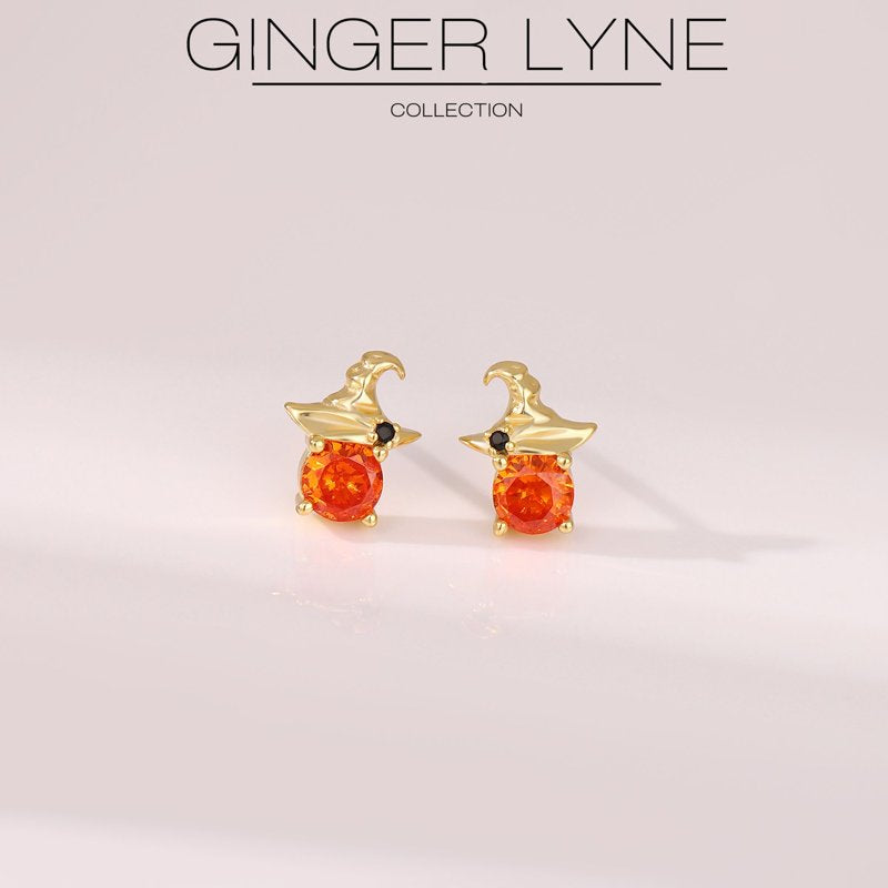 Halloween Witch Hat Earrings for Women - Orange CZ Stud Silver 14K Gold Plated