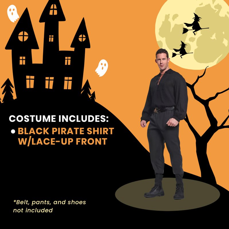 Adult Pirate Costume Black Shirt XL with Lace-Up Front - Party & Stage Wear