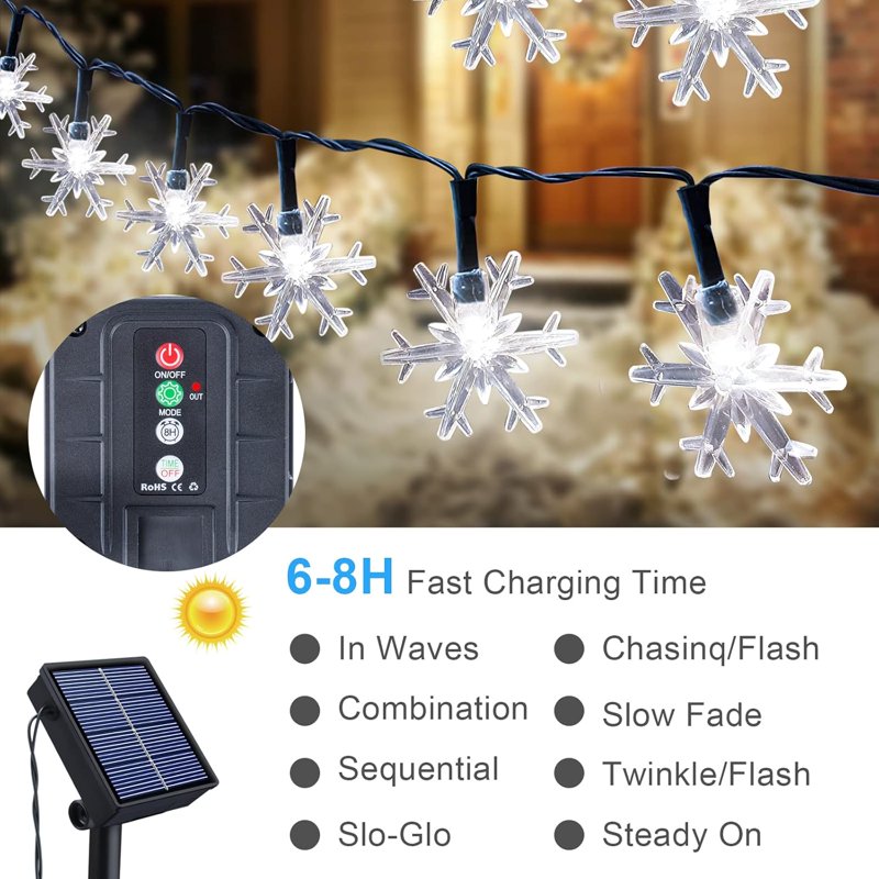 White 100 LED Christmas Snowflake String Lights Waterproof Indoor Outdoor Decor