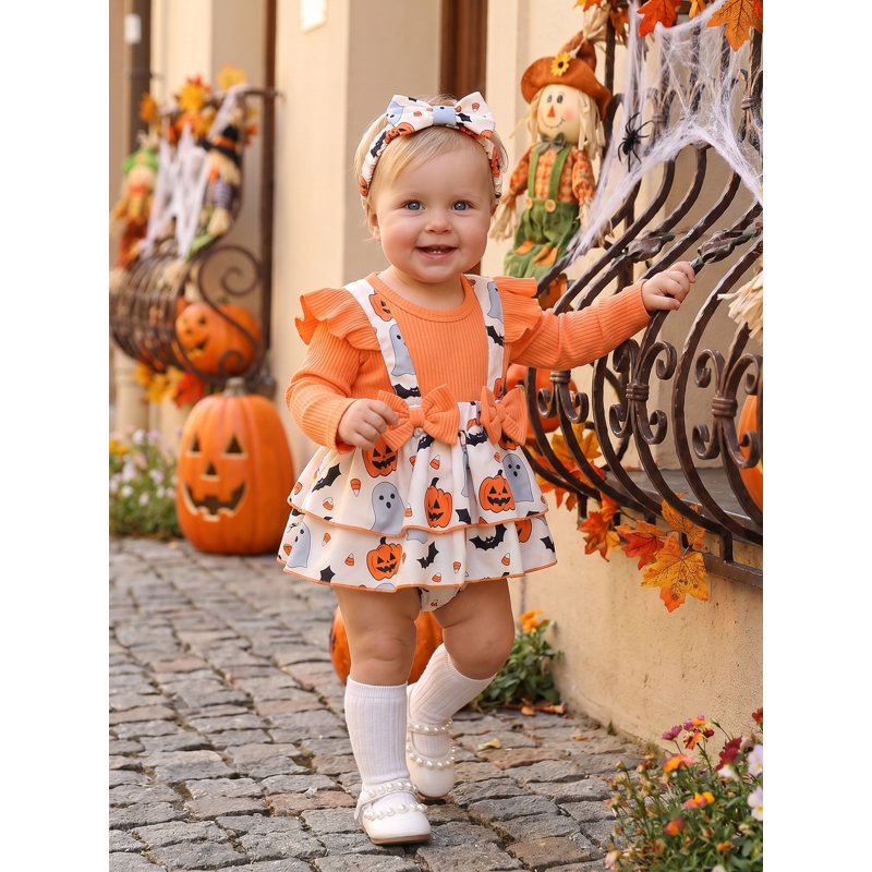 Baby Girl Halloween Bodysuit Set with Pumpkin Ghost Print & Headband - 0-3 Months Orange