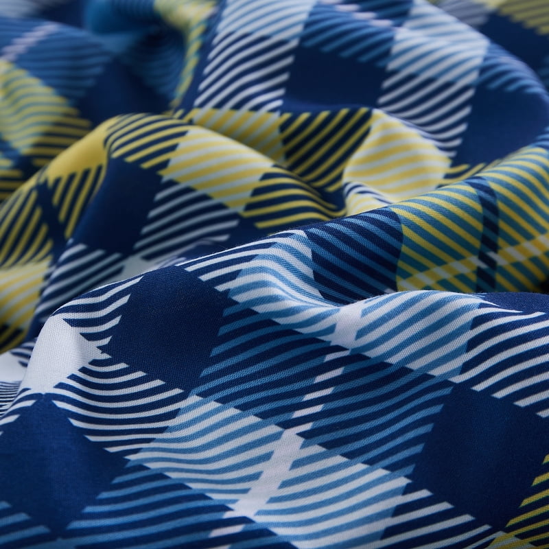 Kids Reversible Microfiber Comforter Set - Full Size Blue & Yellow Plaid - Bedding Collection with Sham - Diagonal Pattern