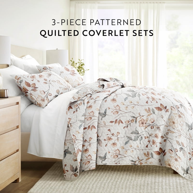 Twin Natural Russet Floral Pattern Quilt Set with Shams - Soft & Durable Bedding