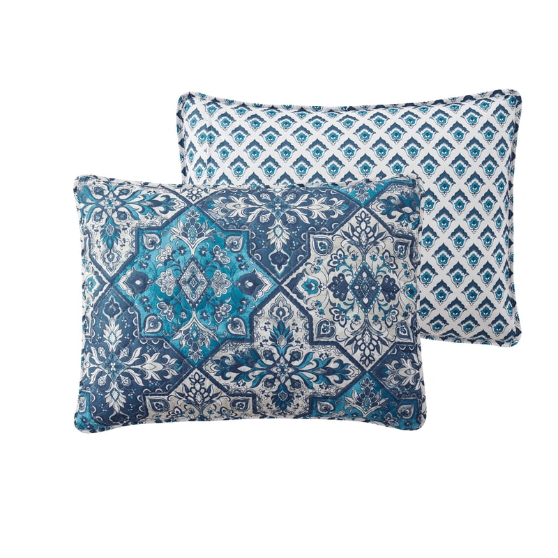 Twin Reversible Boho Quilt Set - Blue Medallion & Damask Prints, 3 Piece