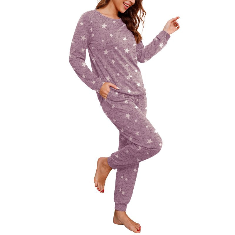 MINTREUS Women's Pajama Set Long Sleeve Sleepwear with Pockets - White Star Purple M