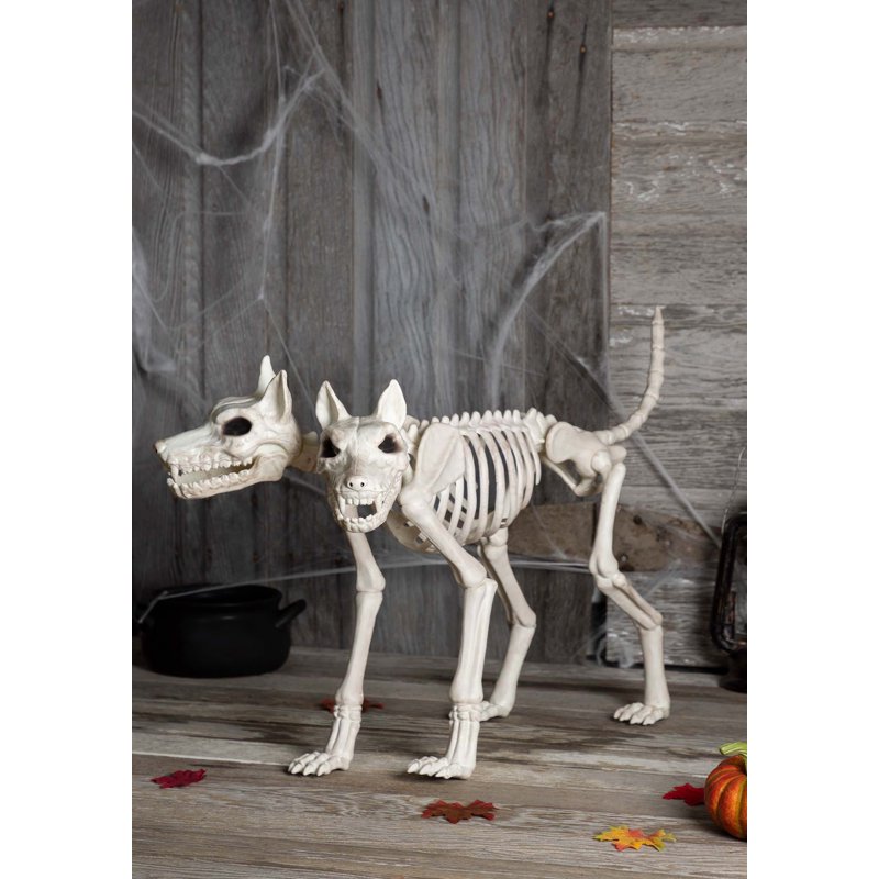 Animated Two-Headed Doberman Skeleton Halloween Decoration - 3 ft Outdoor Spooky Dog