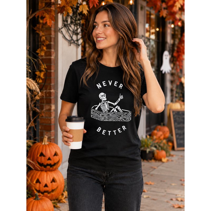 Women’s Halloween Skeleton Graphic T-Shirt with 'Never Better' Text - Black, Large