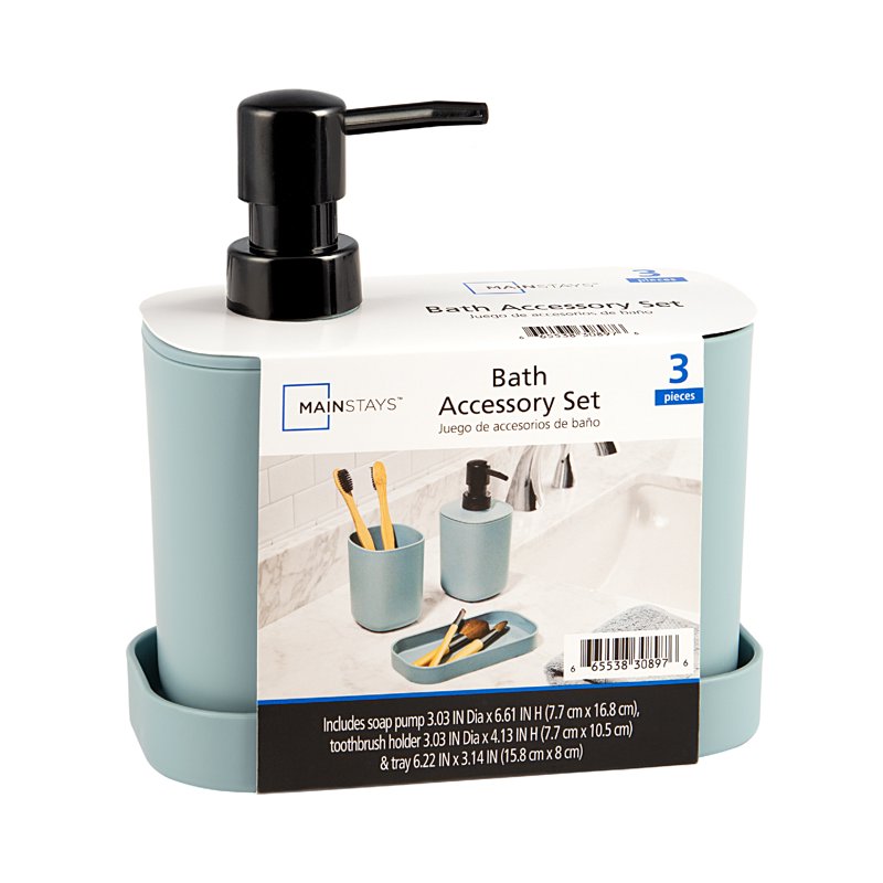 Mainstays Blue 3-Piece Bathroom Sink Set - Soap Pump Tumbler & Dish