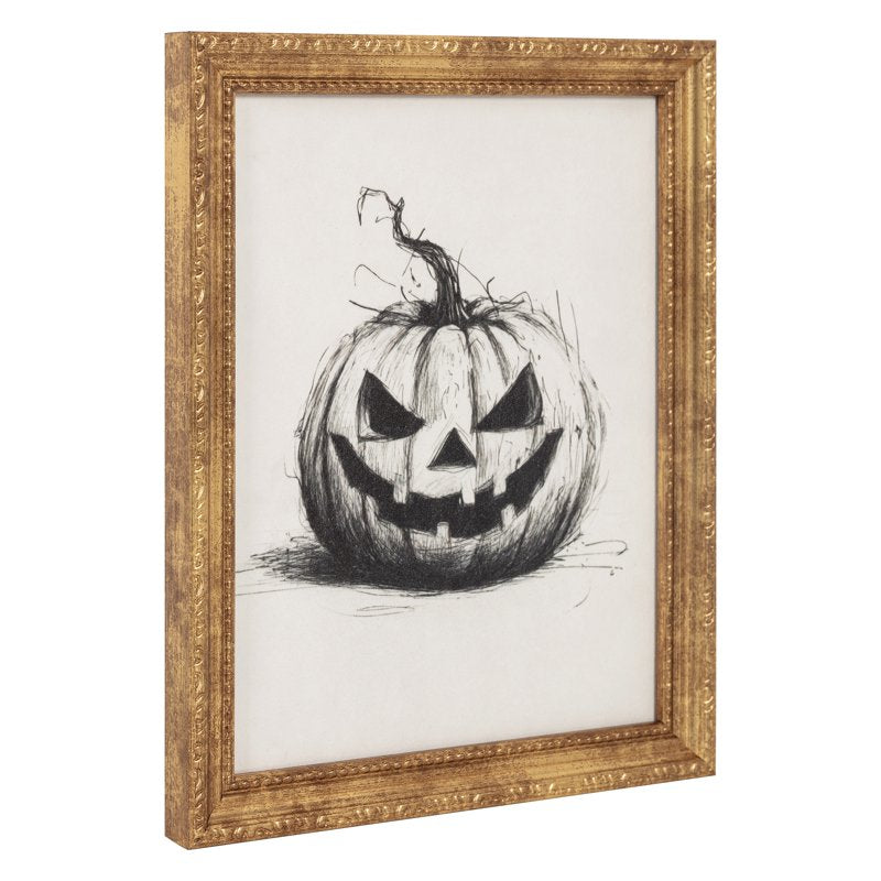Halloween Black and White Pumpkin Framed Wall Art 9x11 - Spooky Decor