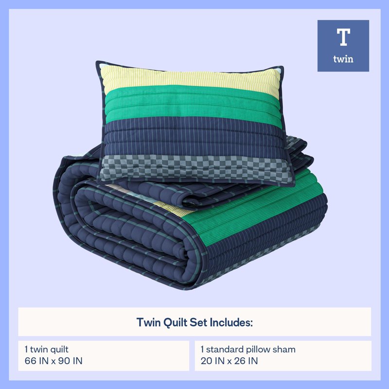 Kids Reversible Green Stripe Stitch Quilt Set Twin - 2 Pieces