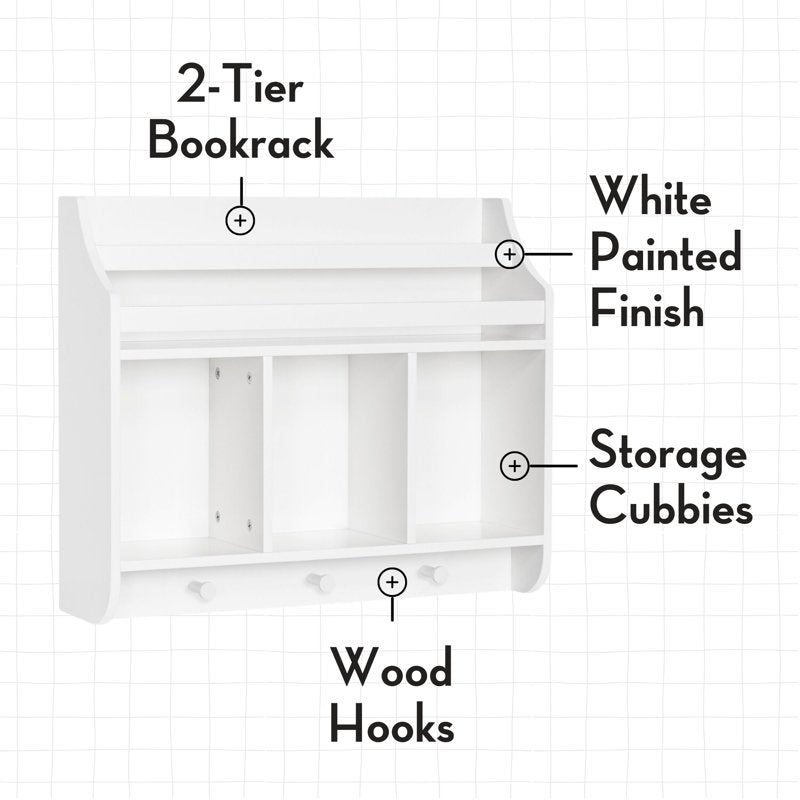 Wall Mounted Kids Bookshelf & Toy Storage Organizer - White