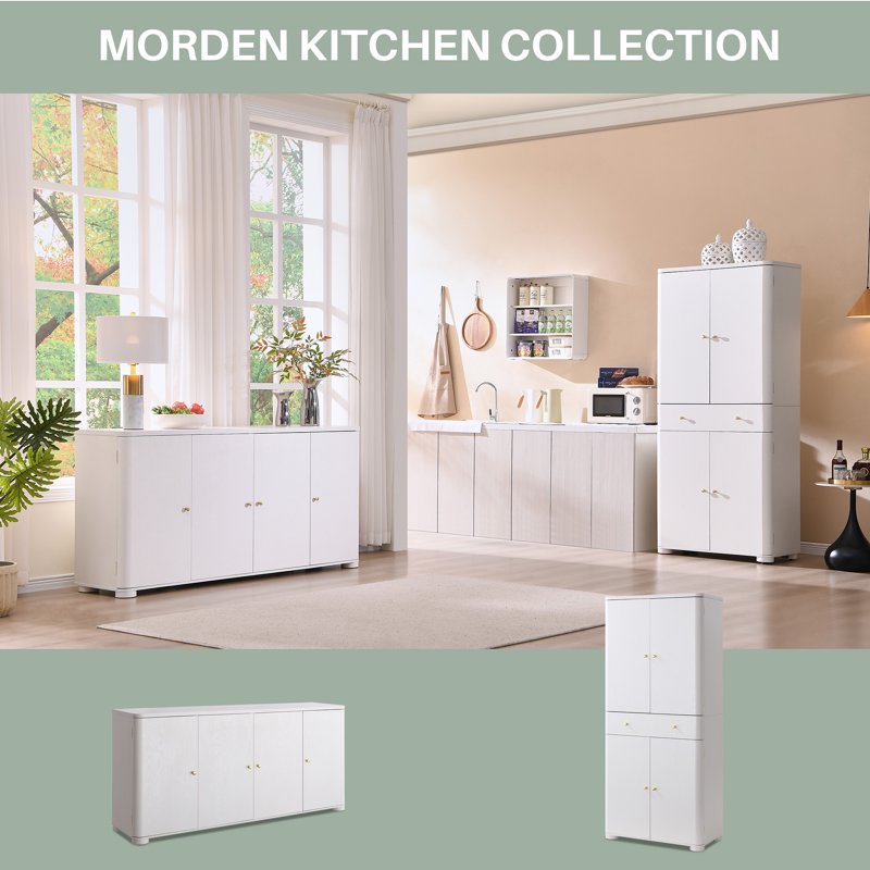 66" Curved White Kitchen Buffet Sideboard Cabinet - 4 Doors & Shelves