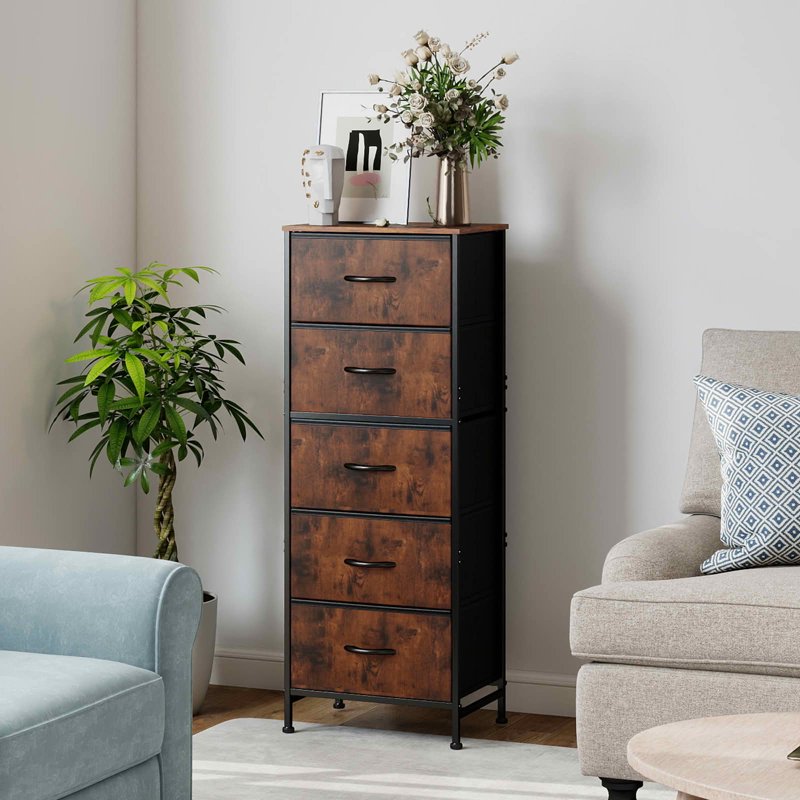 5 Drawer Fabric Dresser with Wooden Top - 5 Drawer Rust