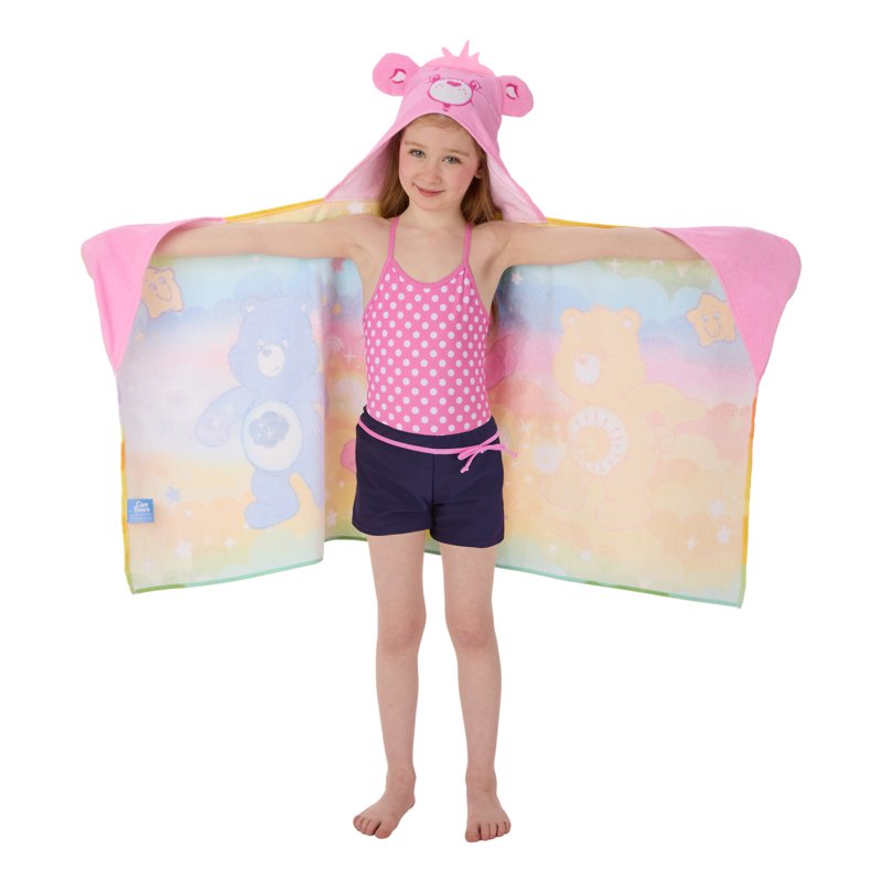 Kids Hooded Bath Towel with Care Bears Design - 100% Cotton, 24x50 Inches