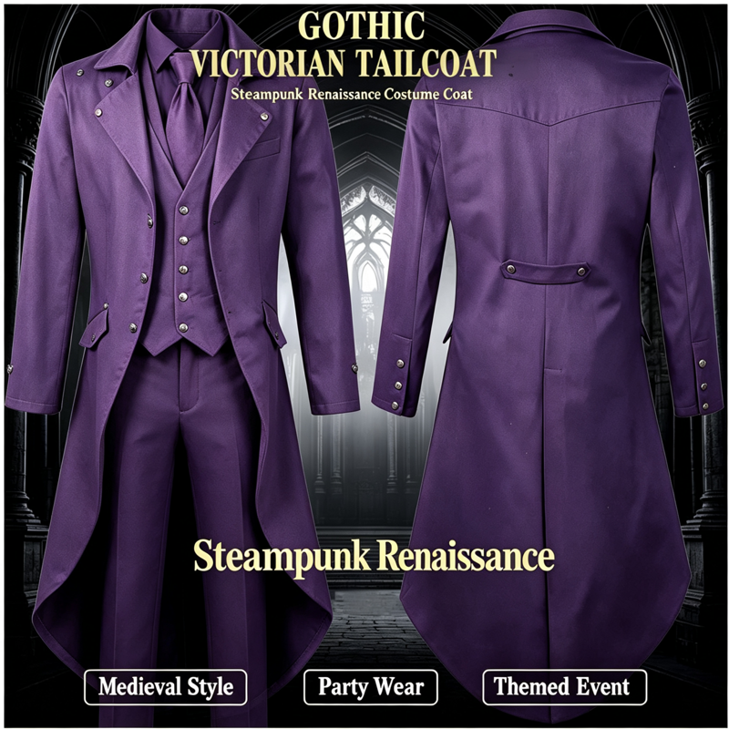 Men's Gothic Tailcoat Jacket - Renaissance Steampunk Costume - Purple S