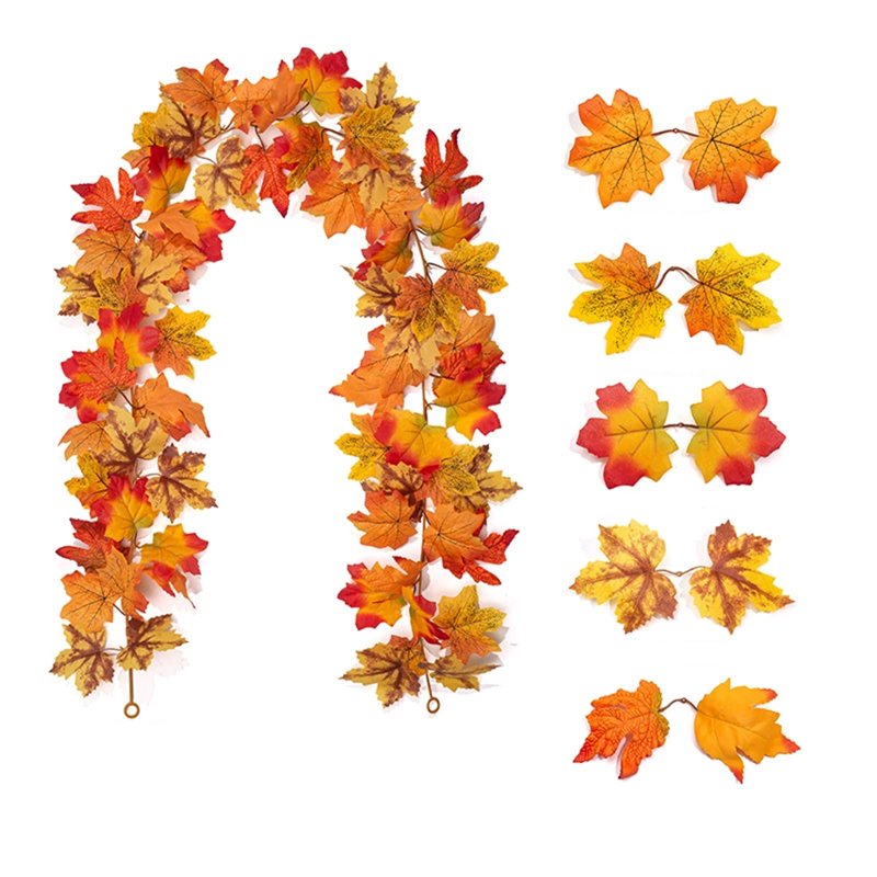Autumn Maple Leaf Garland with Acorns - Flexible Fall Decor for Mantel & Table - Orange Q