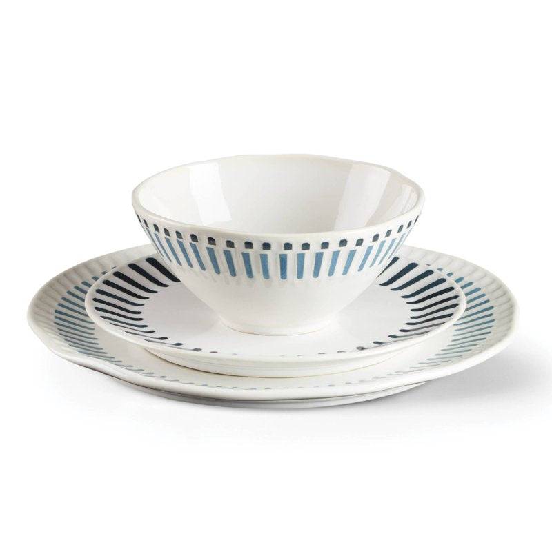 12-Piece White Stoneware Dinnerware Set - Artisanal Stripe