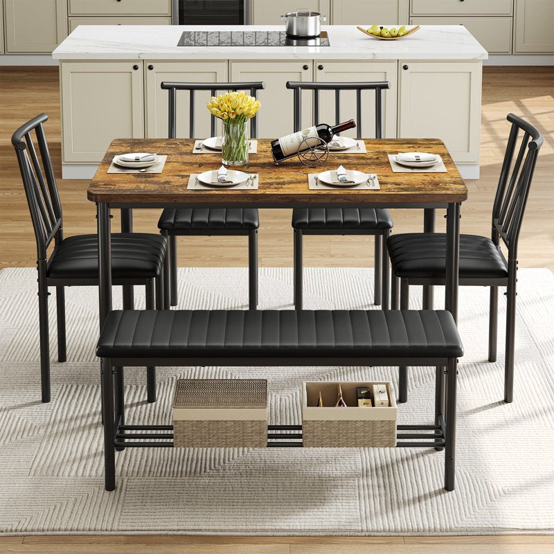 6 Piece Dining Table Set for 6 - Rectangular Table, 4 Chairs & Bench with Storage Rack - Brown + Black