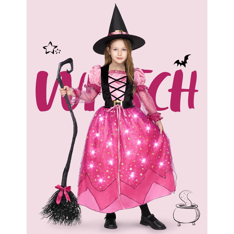 Pink Light Up Witch Costume for Girls 10-12 Years - Starry Dress with Broom & Hat