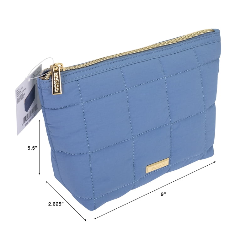 Blue Quilted Makeup Clutch, Soft Polyester Cosmetic Pouch with Gold Zipper