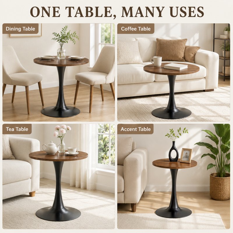23.6” Round Dining Table - Small Pedestal Tulip Style - Dark Walnut