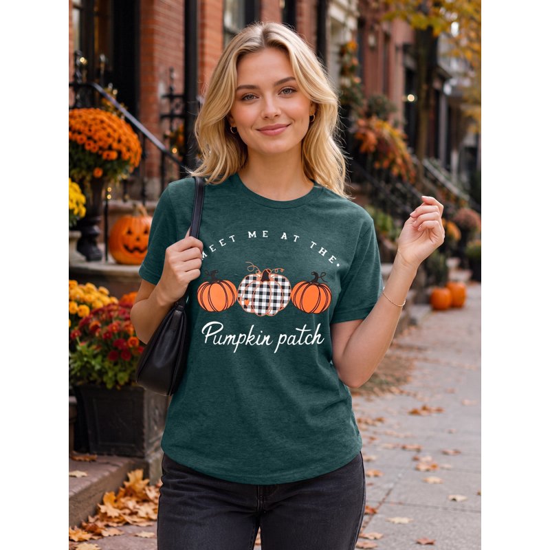 Women Halloween Pumpkin Plaid Graphic T-Shirt - Dark Green, XL
